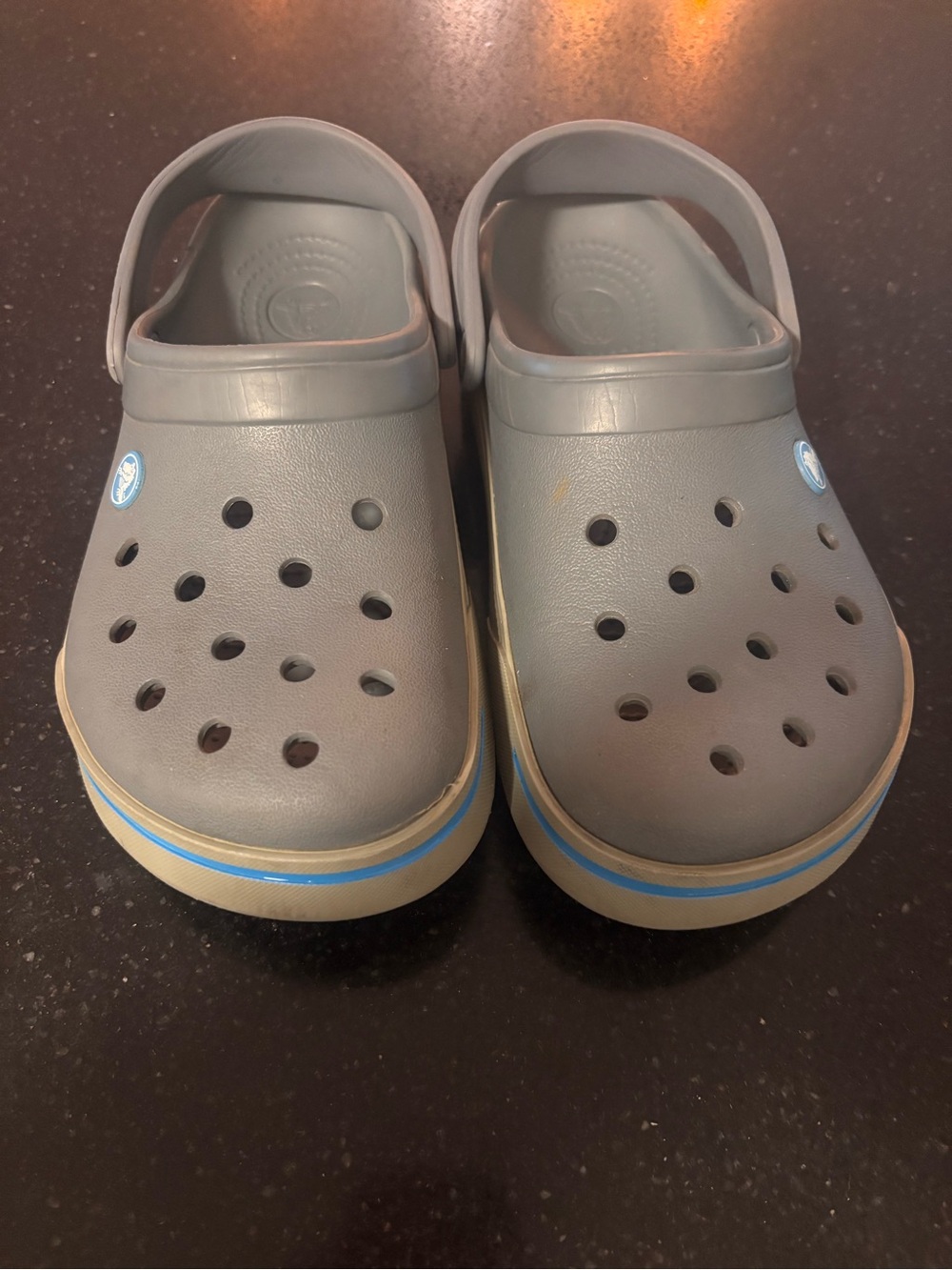 CROCS Gray Clogs with Blue Stripe